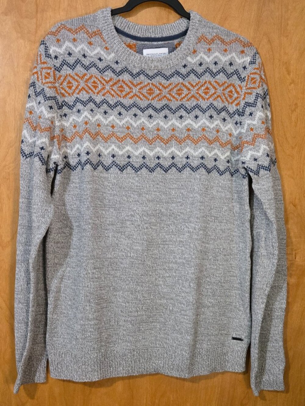 Denim & Flower Mens Sweater Large Gray Fair Isle Knit Ricky Singh Cabincore